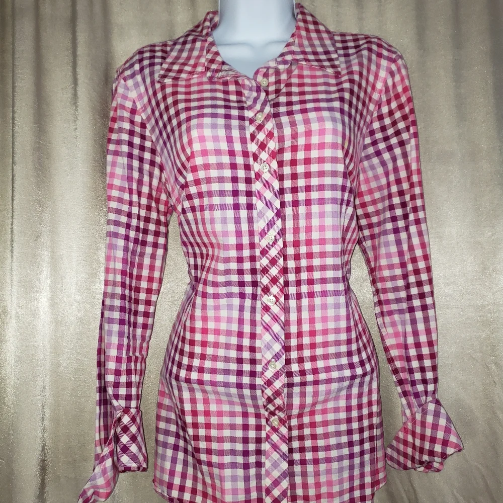 NWOT Talbots pink & purple gingham check button down blouse top Womens Medium_2